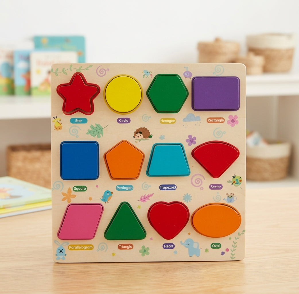 Wooden Chunky Shape Matching Puzzle Board – 12 shapes