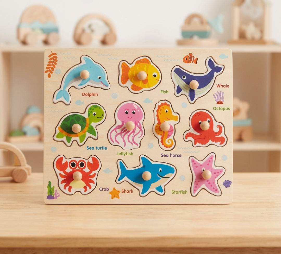 Wooden Ocean Animal Knobbed Puzzle Board with White Board