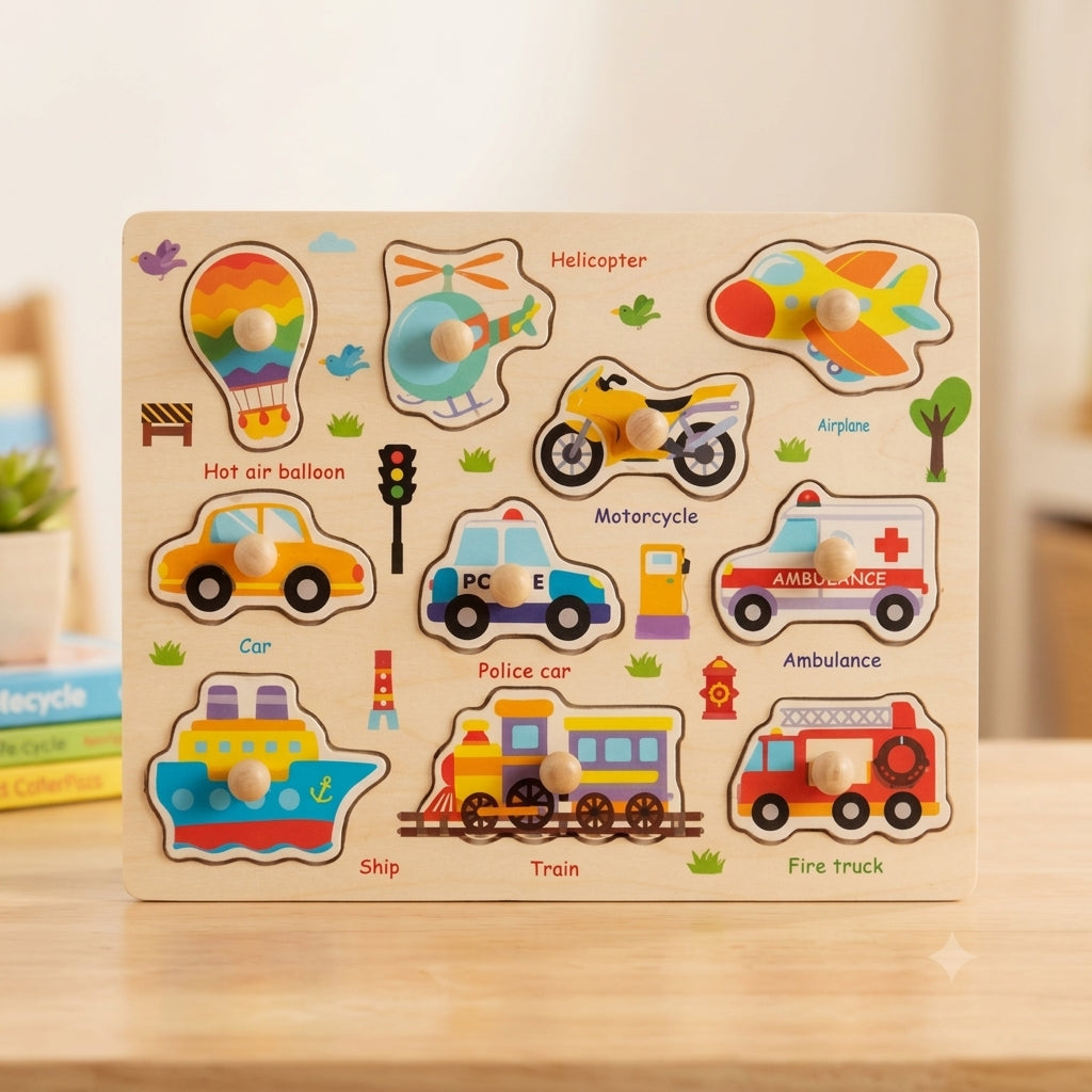 Wooden Vehicle Knobbed Puzzle Board with White Board for kids