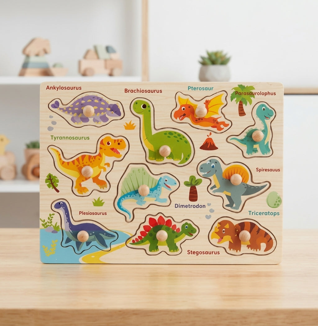 Wooden Dinosaur Knobbed Puzzle Board with White Board