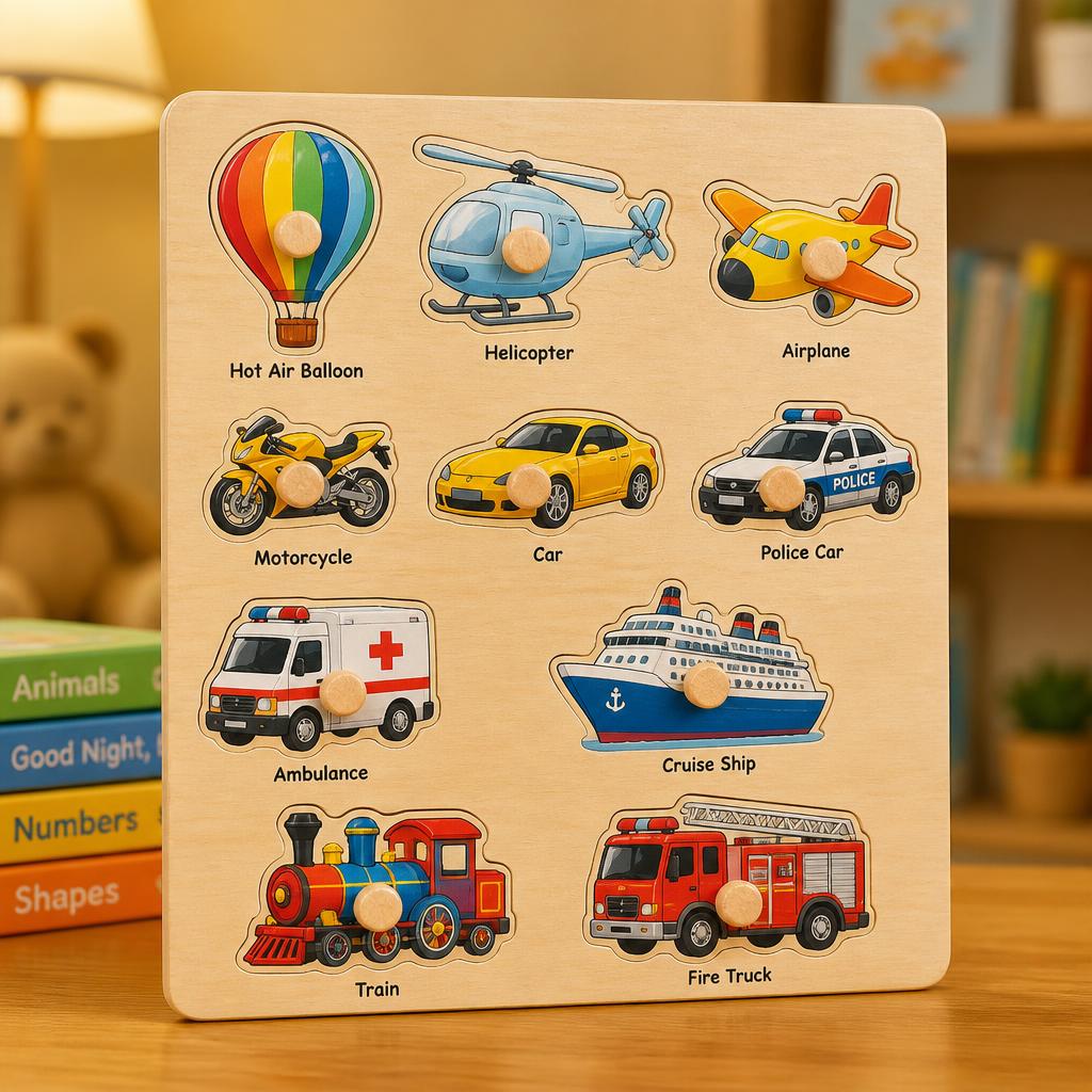 Wooden Vehicle Knobbed Puzzle Board with White Board